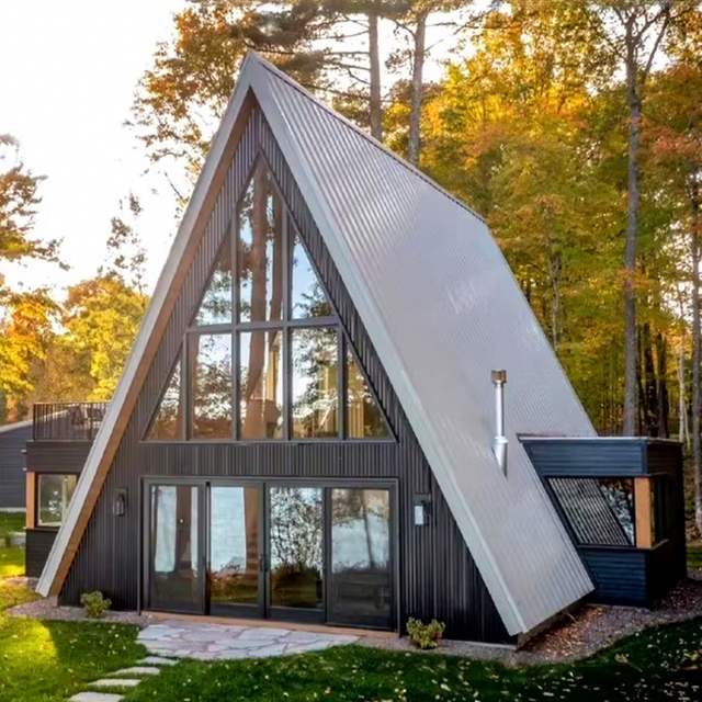 Dreieckiges mobiles Wohnheim aus Holz, modulares Fertighaus mit traditionellem Design, Garten, Wohnen, Badezimmer, K&uuml;che, einfach zu installieren