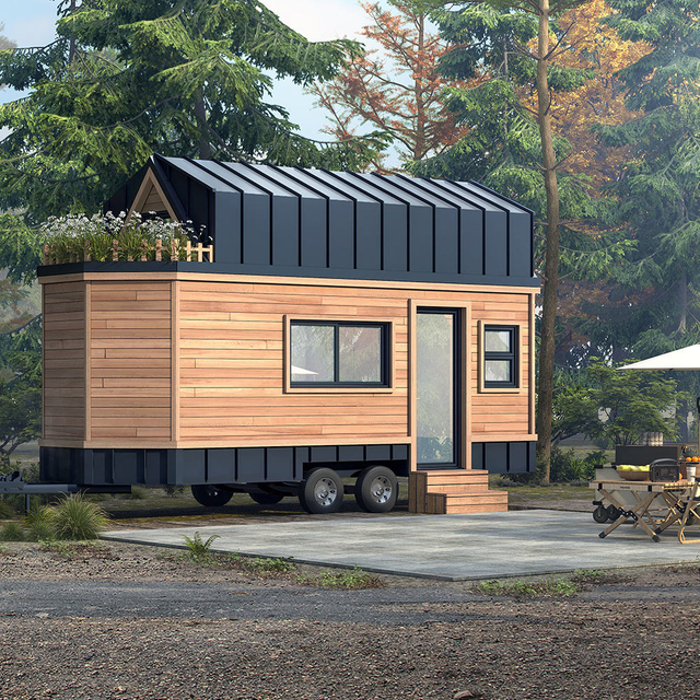Versandfertiges, vorgefertigtes, tragbares, kleines Haus auf R&auml;dern, erweiterbares Design mit Badezimmer, K&uuml;che, modernes Wohnwagenhaus aus Holz