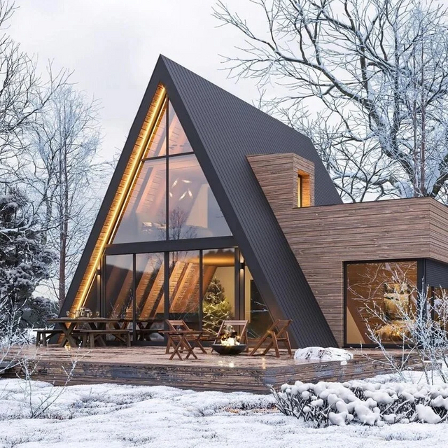 Casa de madeira pr&eacute;-fabricada de f&eacute;rias de luxo moderno modular com design de vidro triangular para uso em villa/hotel